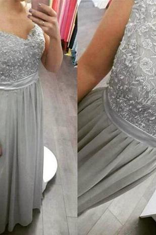 Sliver Grey Floor Length Chiffon and Floral Lace Applique Bridesmaid Dresses, Long Prom Dresses, Prom Dress 2018