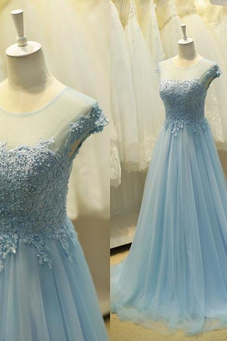 Light Blue Elegant Tulle Lace Applique Prom Dress, Bridesmaid Dresses, Cute Party Dresses, Formal Dresses