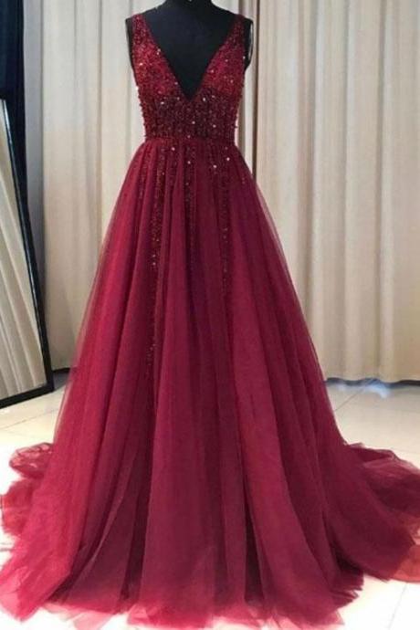Elegant Wine Red Tulle Beaded V-neckline Prom Dresses, Party Dresses, Formal Gowns 2018