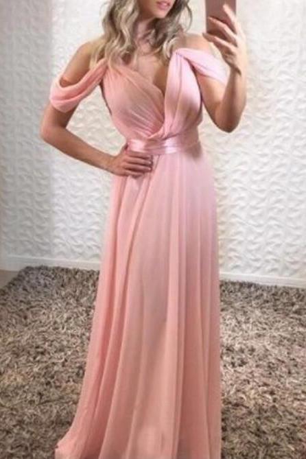 Pink Chiffon Off Shoulder A-line Prom Dresses, Prom Dresses 2018, Bridesmaid Dresses
