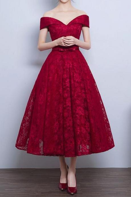 Vintage Inspired Off Shoulder Lace Prom Formal Dress, Lace Evening Dress, Wine Red Tea Length Party Dresses