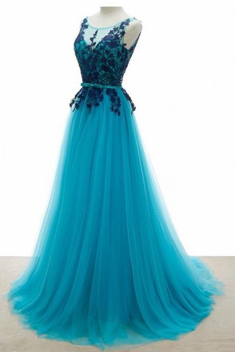 Backless Tulle Lace Blue Elegant Party Gowns, Prom Dresses 2018, Evening Dresses