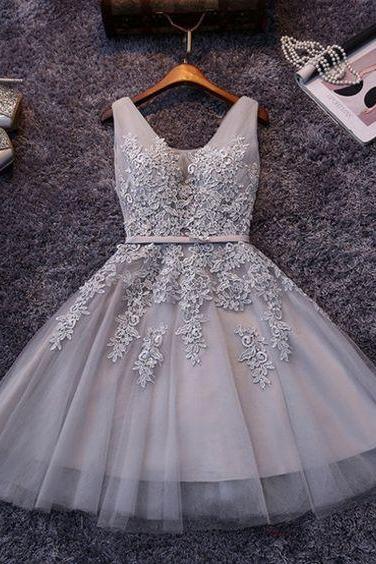 Grey V-neckline Sleeveless Lace-up Short Homecoming Dress With Appliques, Prom Dresses 2018