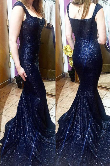 Navy Blue Mermaid Sequins Straps Prom Dresses 2018, Party Gowns, Prom Dresses 2018