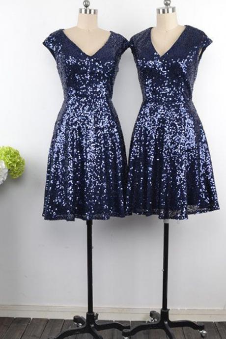 Blue Sequins Short Bridesmaid Dresses, Knee Length Party Dresses, Homecoming Dresses