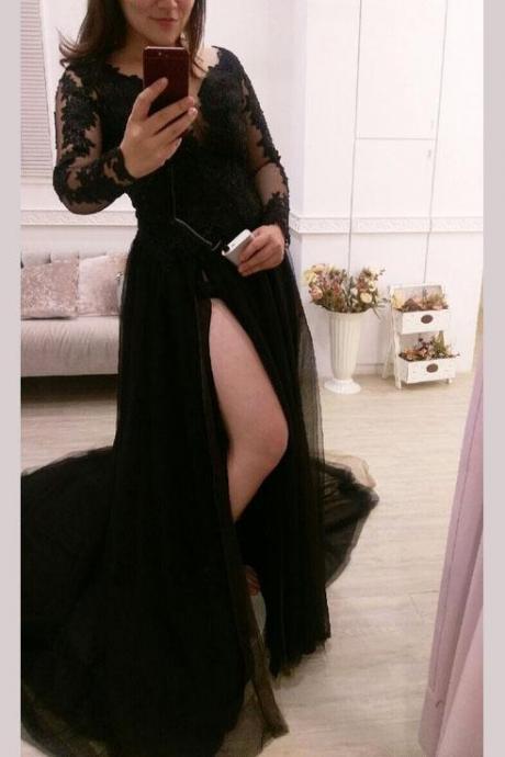 Sexy Black Long Sleeves Slit Tulle Party Gowns, Prom Dresses 2018, Evening Dresses