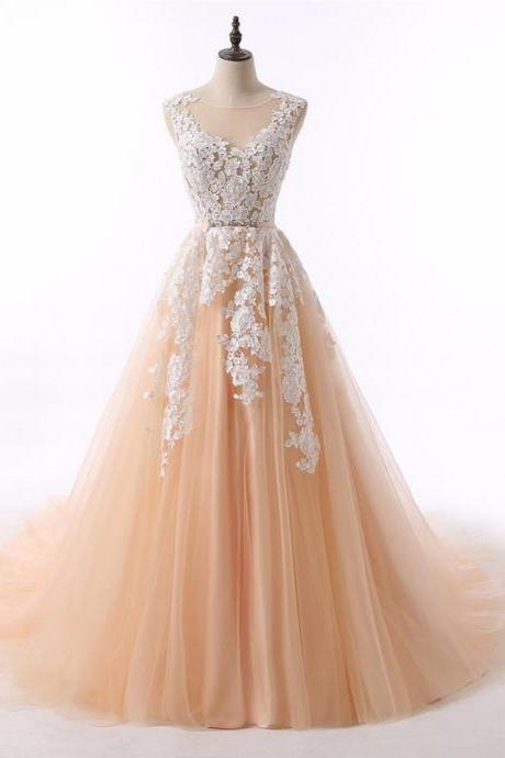 Champagne Tulle Long Ball Gown Party Dress with Lace Applique, Prom Dresses 2018, Formal Gowns