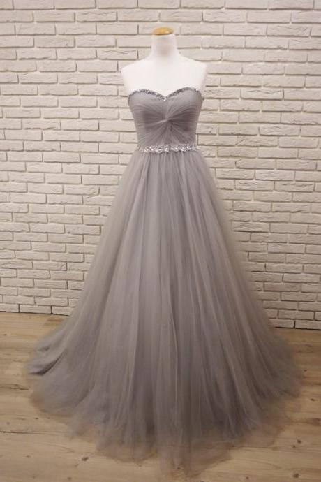 Tulle Grey Charming Sweetheart Beaded Floor Length Gowns, Grey Party Dresses, Prom Dress 2018
