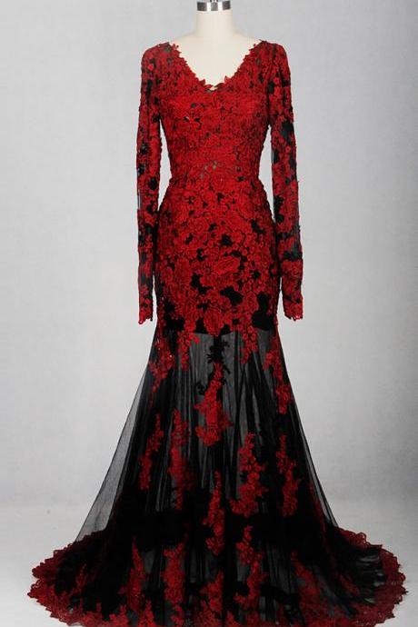 Red And Black Lace Long Sleeves Long Prom Dresses, Red Formal Gowns 2018, Party Dresses