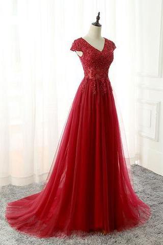 Red Lace Appliqués Plunge V Cap Sleeves Floor Length Tulle Formal Dress, Prom Dress