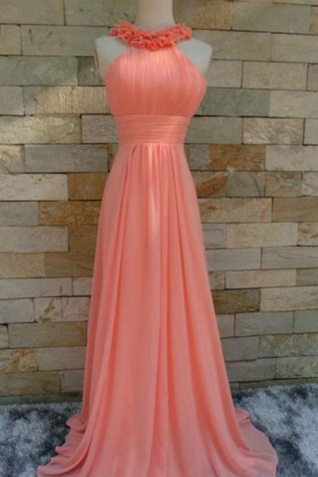 Coral Chiffon Halter Floral Long Bridesmaid Dresses, Lovely Prom Dresses 2018, Party Dresses