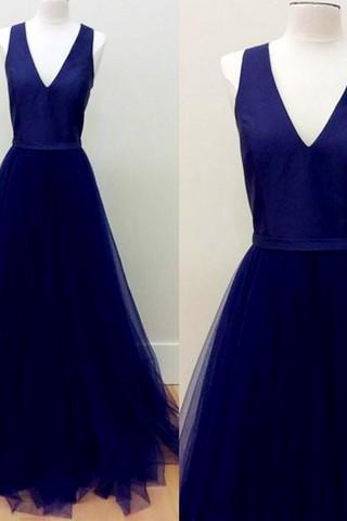 Simple Royal Blue V-neckline Tulle Floor Length Party Dresses, Prom Dresses 2018, Formal Gowns