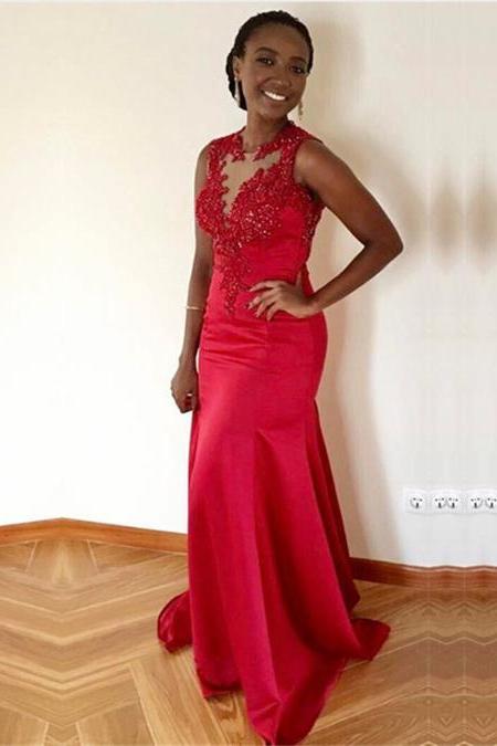 Red Style Satin With Applique Classical Prom Dresses, Red Party Dresses, Evening Gowns