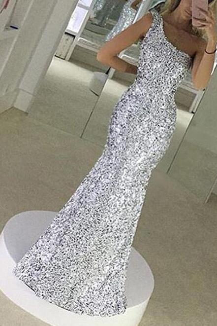 Shiny One Shoulder Sequins Prom Dresses, Sparkle Party Dresses, Formal Gowns
