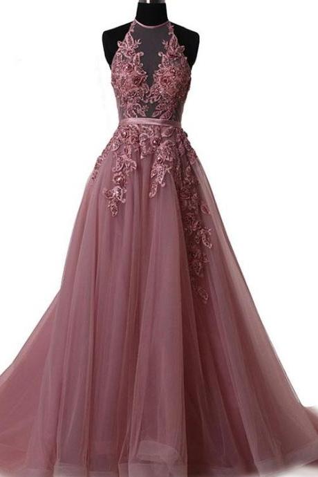 Charming Halter Lace Applique And Tulle Long Prom Dresses, Prom Dresses 2018, Formal Gowns