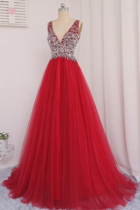Red Tulle V Neckline Beaded And Sequins Sparkle Party Dresses, Red Formal Dresses, Evening Gowns