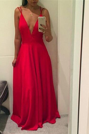 Red Straps Sexy Chiffon Prom Dresses, Red Floor Length Evening Gowns, Party Dresses