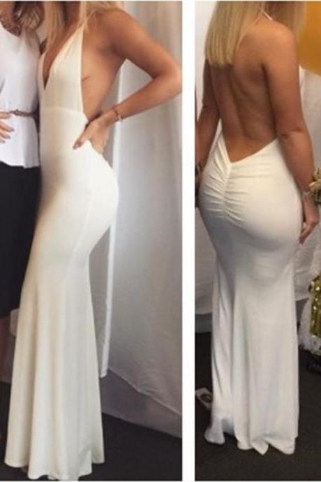 White Sexy Backless Prom Dresses, V-neckline Party Dresses, Formal Dresses