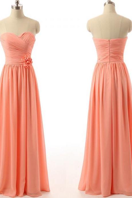 Chiffon Pretty Ruched Sweetheart Floor Length A-line Bridesmaid Dresses Featuring Floral Embellishment, Simple Prom Dresses, Party Gowns