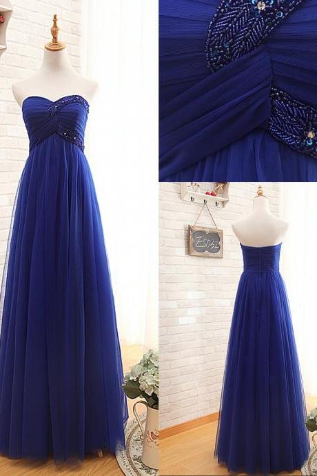 Pretty Royal Blue Tulle Sweetheart Beaded Long Prom Dress, Blue Formal Dresses, Tulle Party Dresses