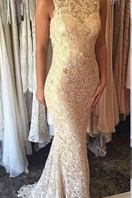 Champagne Lace Mermaid Round Neckline Floor Length Gowns, Lace Prom Dresses, Evening Gowns