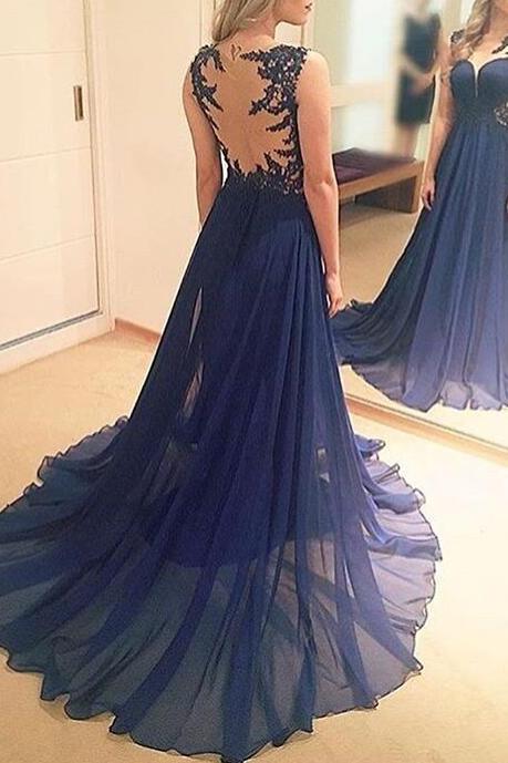 Blue Chiffon Long Junior Prom Dress with Applique, Charming Formal Gowns, Evening Dress 2018