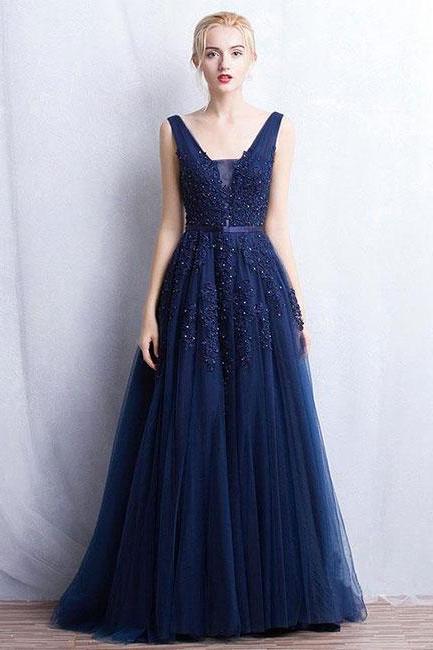 Navy Blue V-neckline Tulle Prom Dress 2018, Blue Tulle Gowns, Formal Dress 2018