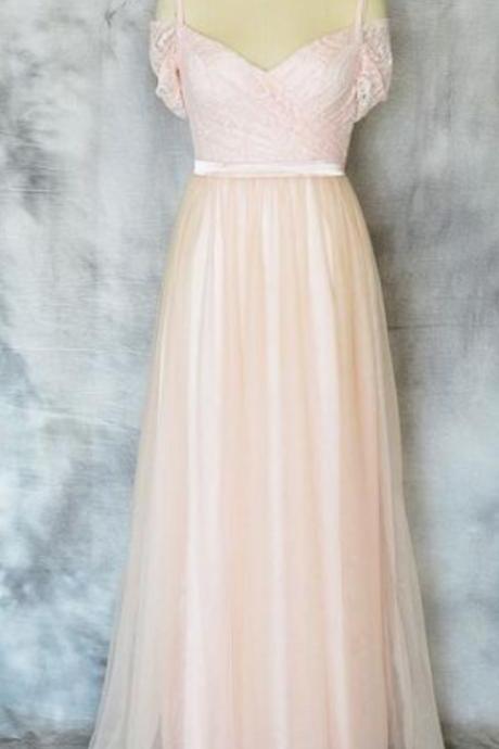 Pink Tulle And Lace Straps Off Shoulder Long Party Dresses, Prom Dresses 2018, Bridesmaid Dresses