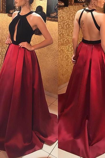 Red and Black Halter Satin Floor Length Evening Dresses, Sexy Prom Dresses, Party Dress 