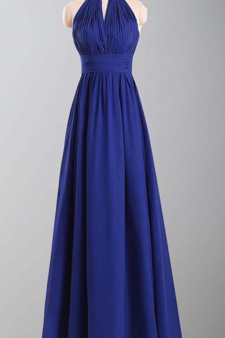 Blue Halter Chiffon Wedding Party Dresses, Blue Formal Dresses, Evening Dress