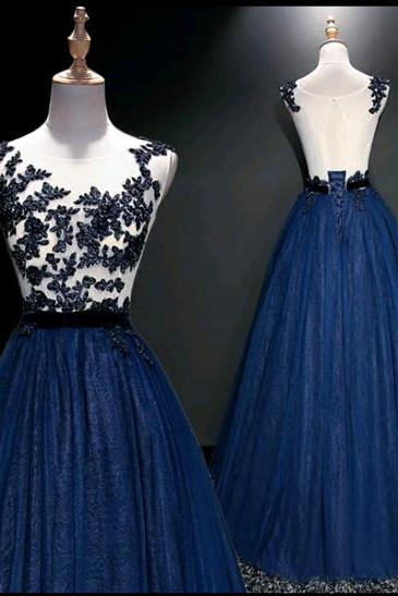 Blue Lace Applique Prom Gowns, Tulle Formal Dresses, Evening Gowns 2018