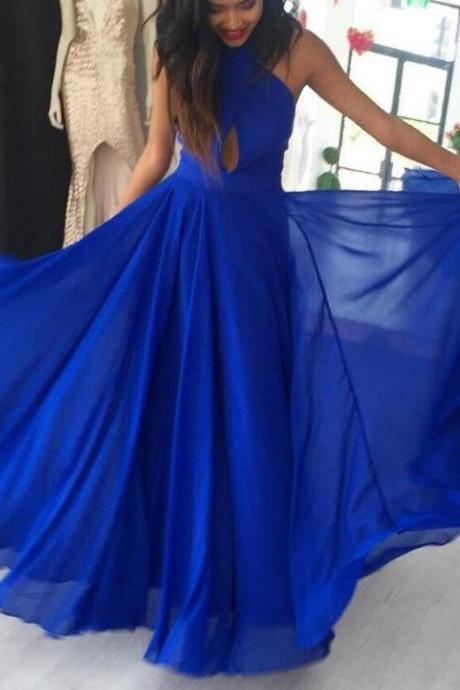 Blue Chiffon Party Dresses, Floor Length Formal Gowns, Halter Prom Dress 2018