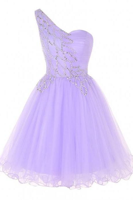 Lavender Short Tulle Homecoming Dresses, One Shoulder Party Dresses, Prom Dress 2018