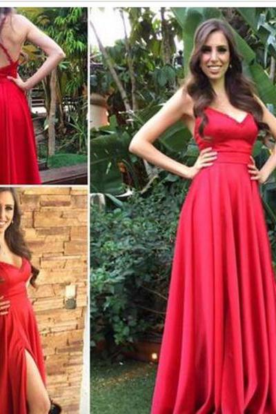 Red Stain Leg Slit Long Party Dresses, Sexy Red Formal Dresses, Party Gowns 2018