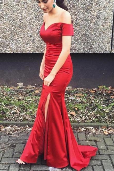Red Off Shoulder Slit Satin Sexy Party Dress 2018, Red Formal Gowns, Off Shoulder Evening Dress