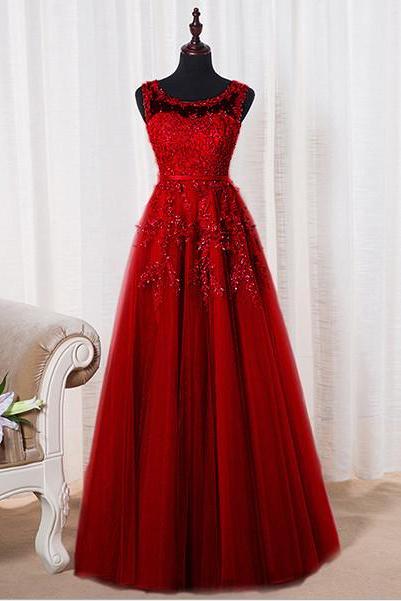 Dark Red Tulle Evening Dresses, A-line Round Neckline Formal Gowns, Charming Prom Dress 2018