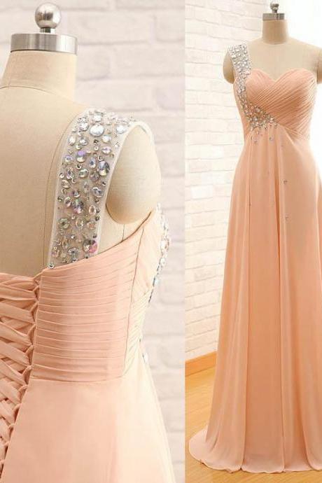 Pearl Pink One Shoulder Chiffon Prom Dress 2018, Wedding Party Dresses, Evening Dresses