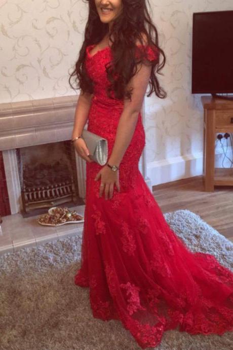 Red Off Shoulder Tulle Mermaid Gowns,graduation Party Dresses, Red Prom Dresses 2018
