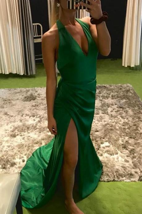 Green Slit Stylish Homecoming Dresses, Green Formal Dresses, Evening Formal Dress