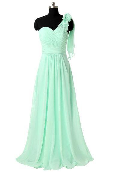 One Shoulder Bridesmaid Dresses, Long Chiffon Bridesmaid Dresses, Mint Green Evening Dress
