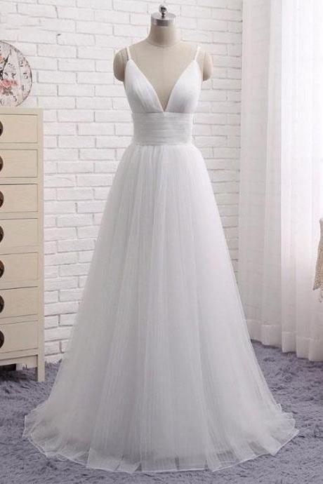 White Tulle Simple Wedding Dresses, Straps Junior Prom Dresses, Formal Dress For Women