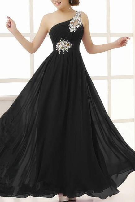 Black One Shoulder Beaded Long Prom Dresses, Charming Black Formal Dress, Teen Party Dresses