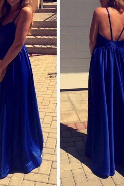 Blue Straps Backless Sweetheart Long Party Dresses, Blue Long Formal Dresses, Women Dresses 2018
