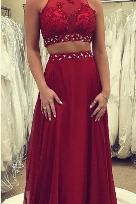 Charming Two Piece Dark Red Prom Dresses,Beaded Prom Dress,Chiffon Evening Dress,Lovely Formal Dress