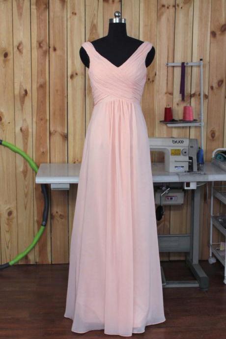 Pretty Pink Chiffon Long Bridesmaid Dresses, Lovely Bridesmaid Dresses, Simple V--neckline Bridesmaid Dresses