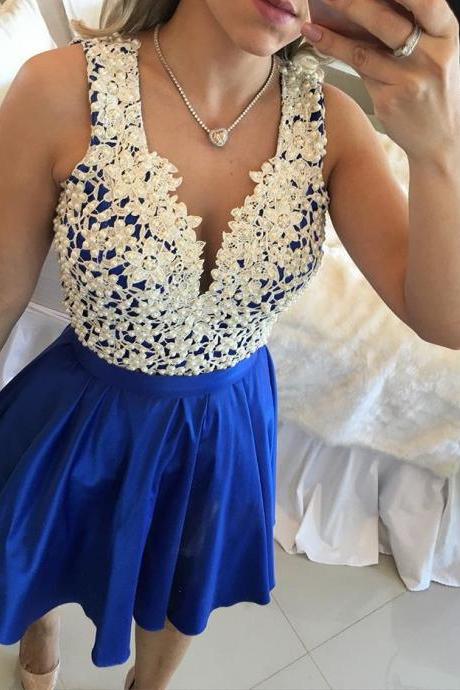 Blue Beading And Applique Short Party Dresses, Cute Party Dress, Short Prom Dress 2018