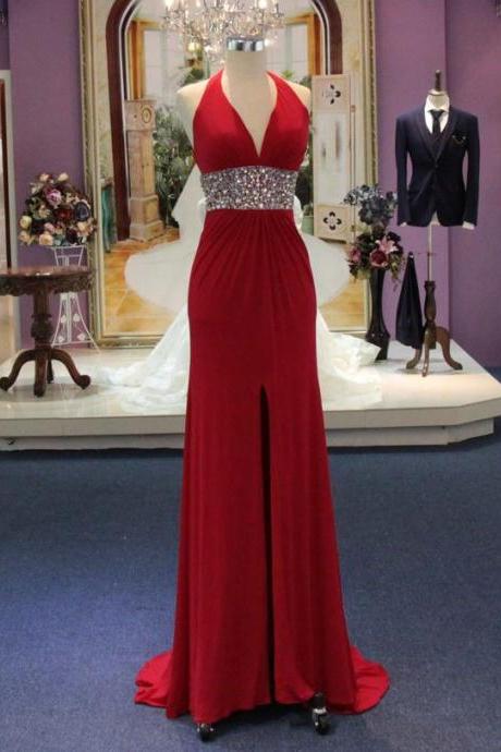 Sexy Red Beaded Slit Long Formal Dress, Red Prom Dress 2018, Red Party Gowns