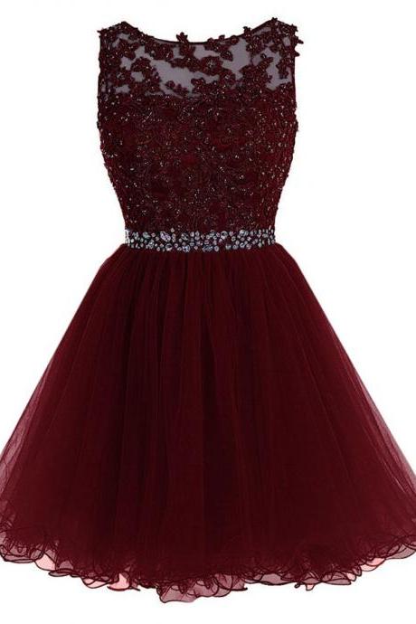 Maroon Short Tulle Party Dresses, Maroon Homecoming Dresses, Short Prom Dresses