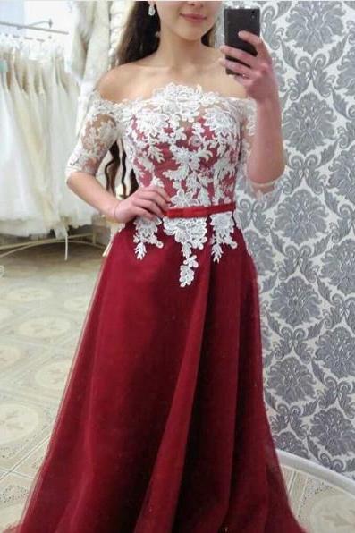 Charming Wine Red Lace Short Sleeves Long Formal Dress, Long Formal Dress, Prom Dress 2018