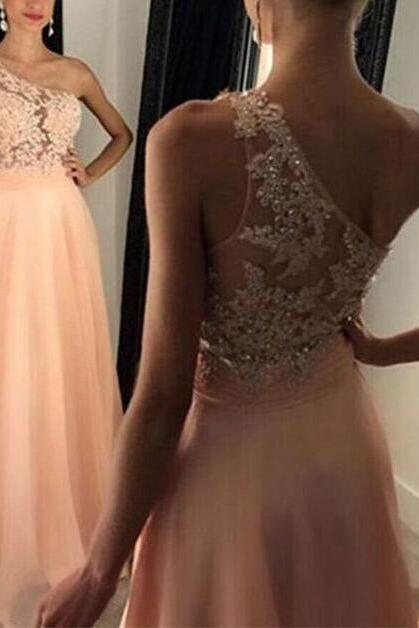 One Shoulder Pink Applique Elegant Party Gowns, Long Pink Junior Prom Dress, Party Dress